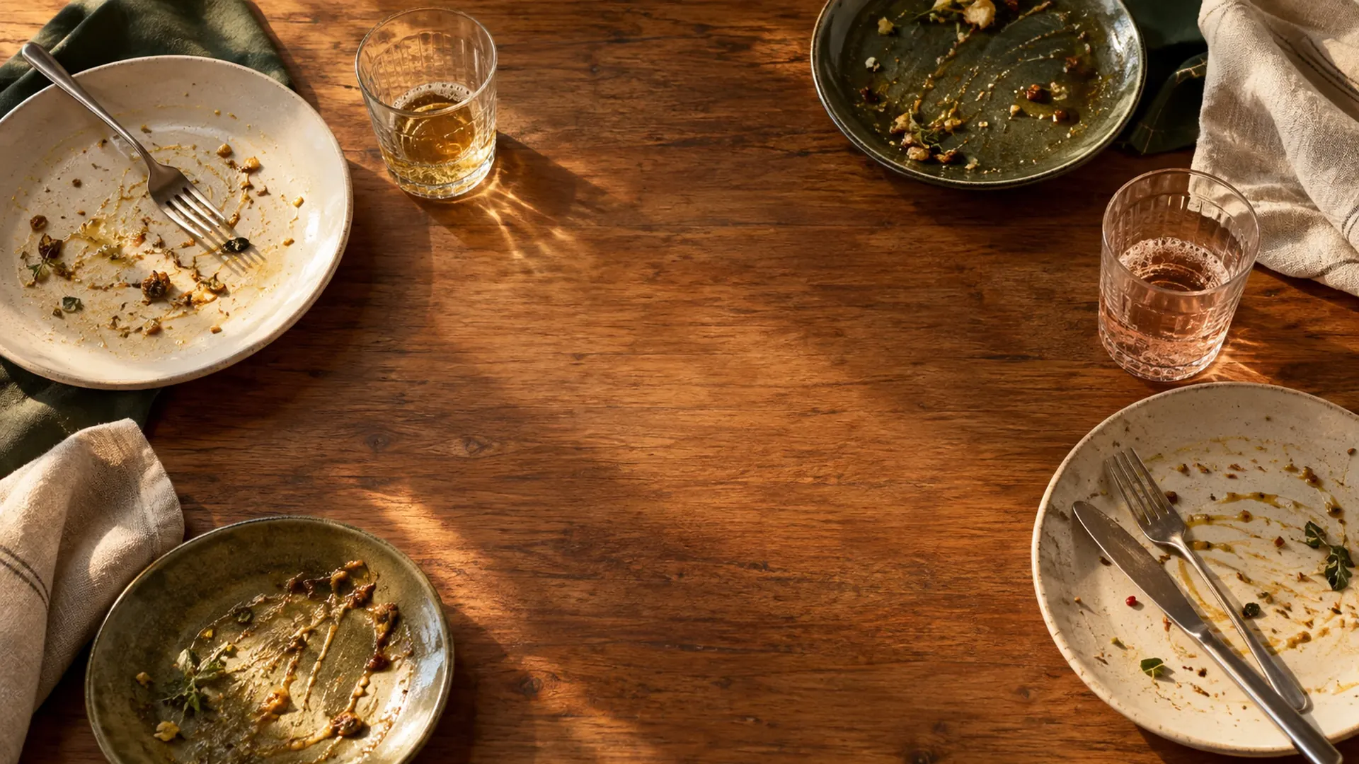 Mesa escura de madeira no fim da refeição, com pratos, talheres e guardanapos de linho.